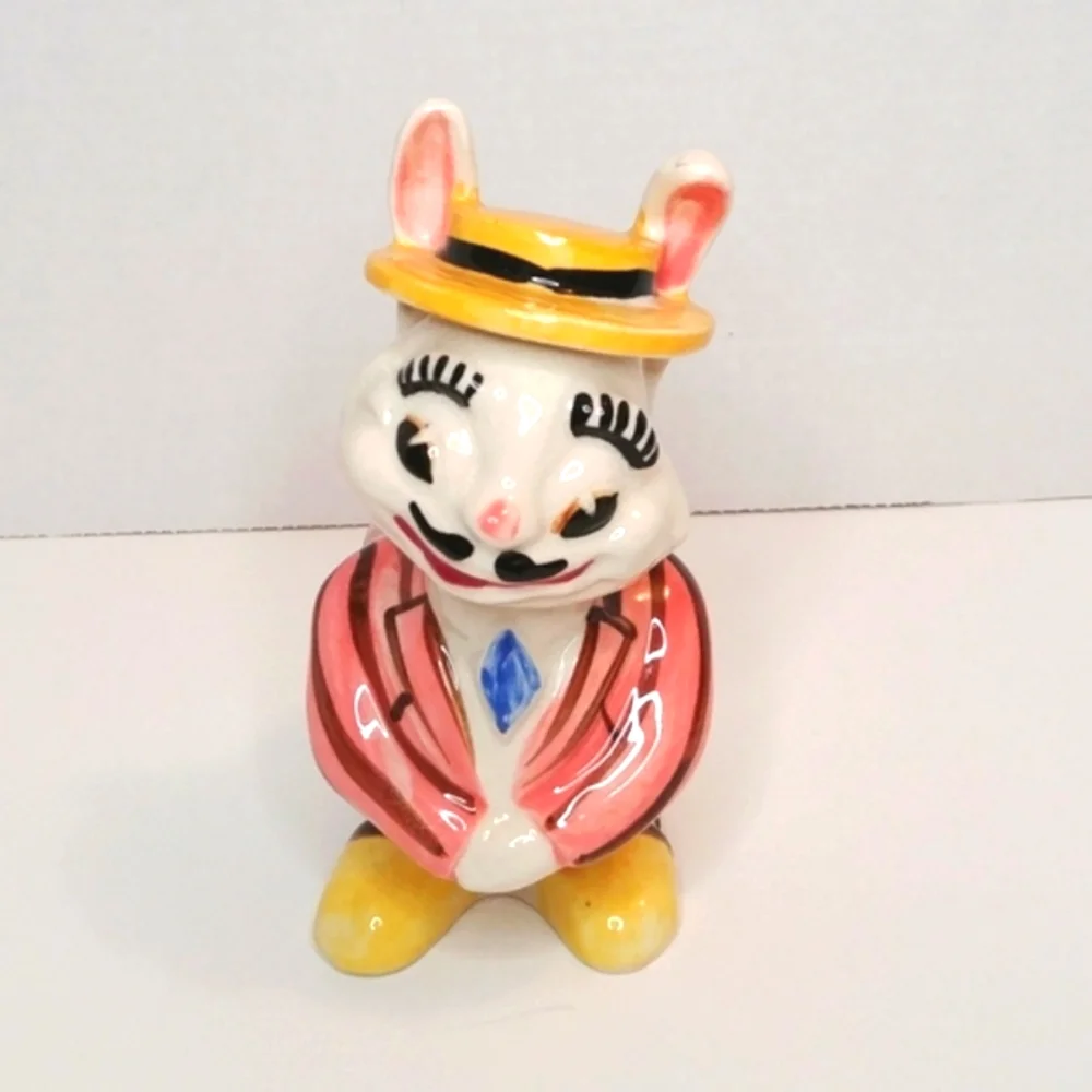 Charming Gentleman Bunny Rabbit Planter with Sport Coat Hat Mustache RARE Vintag